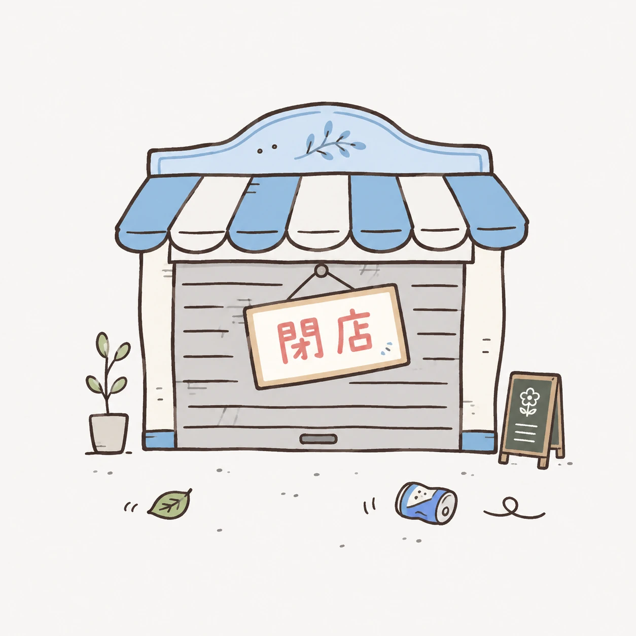 シャッターを閉じた店舗と「閉店」の札を描いたイラスト